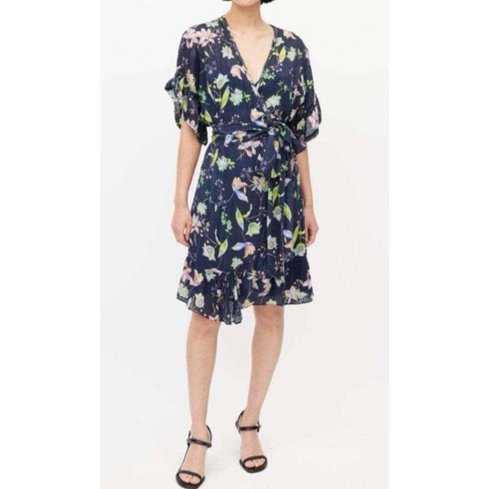 Tanya Taylor navy blue floral 100% silk wrap dress Size 10 Cottagecore Romantic